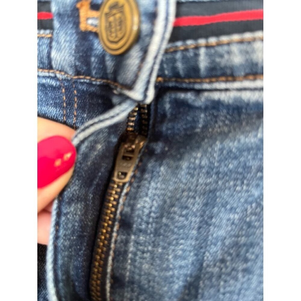 Talbots Skirt Women 8 Blue Denim Red Stripe Jean Midi Retro Boho Hippie Hipster - Picture 6 of 11